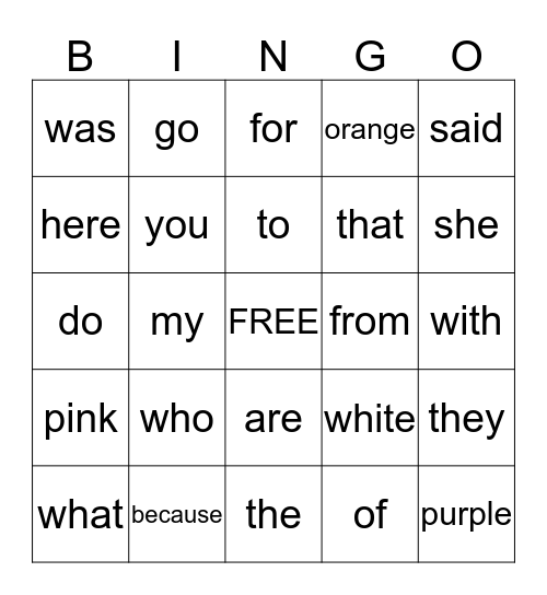 High Frequency Words  Bingo Card