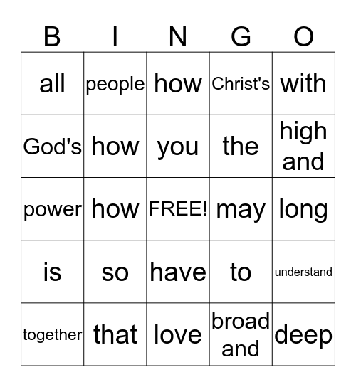 Ephesians 3:18 Bingo Card