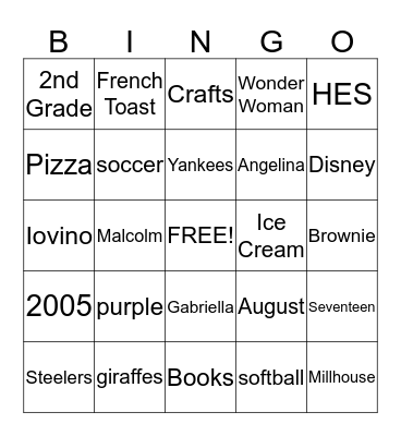 Gabriella's Birthday Bingo Card