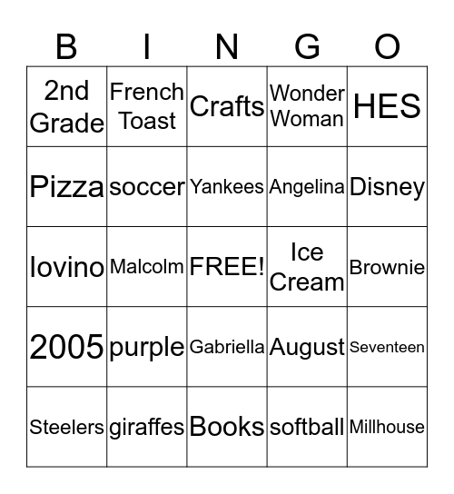 Gabriella's Birthday Bingo Card