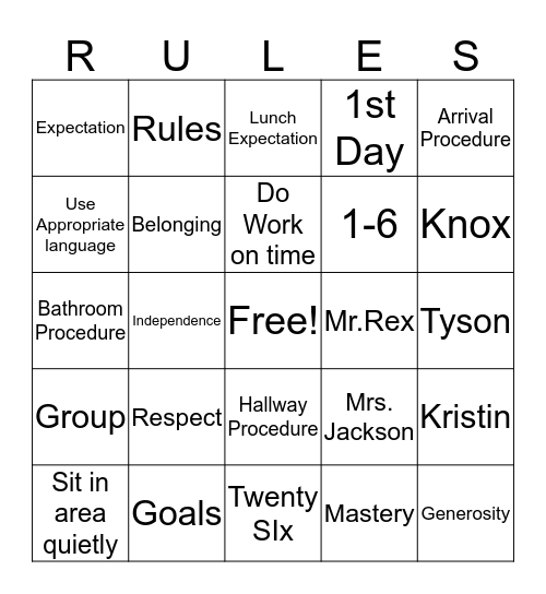 Rules and Expectations Bingo Card
