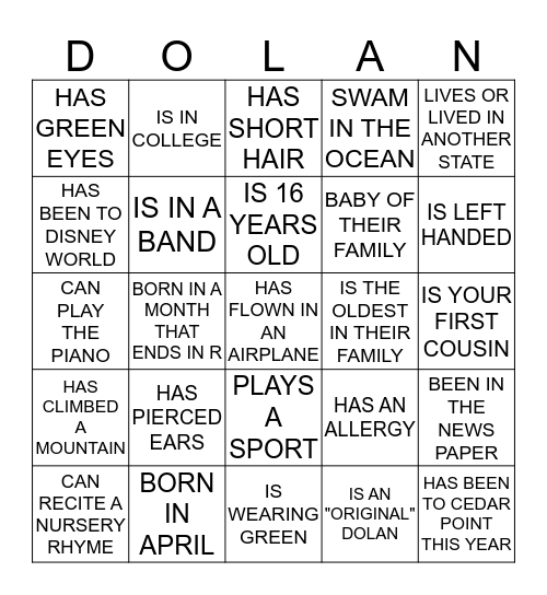 DOLAN FAMILY BINGO Card