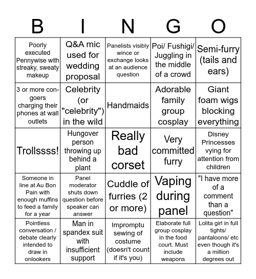 Saturday Dragon Con Bingo Card