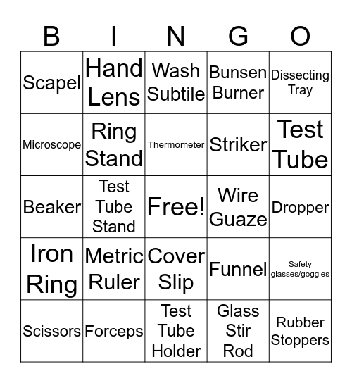 Science Equipment Bingo Card