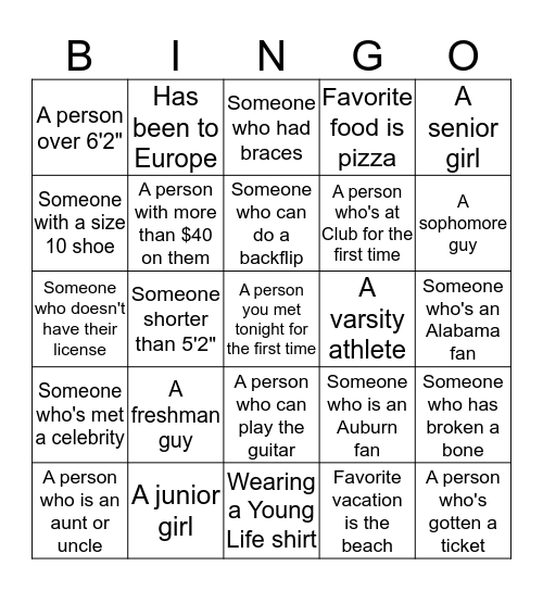 Young Life Club Bingo Card