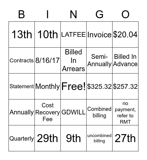 Moni Billing Bingo Card
