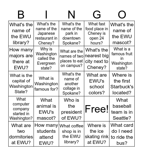 EWU Bingo Card