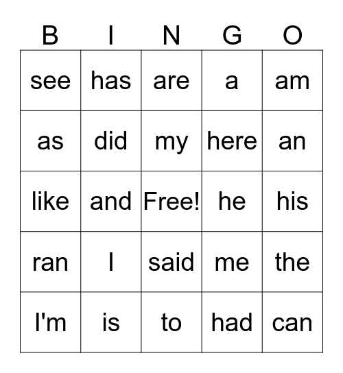 Sight Word Bingo Card