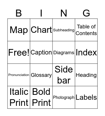 Text Features Bingo Card