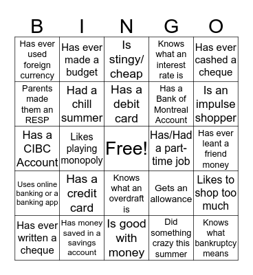 Banking Bingo Card