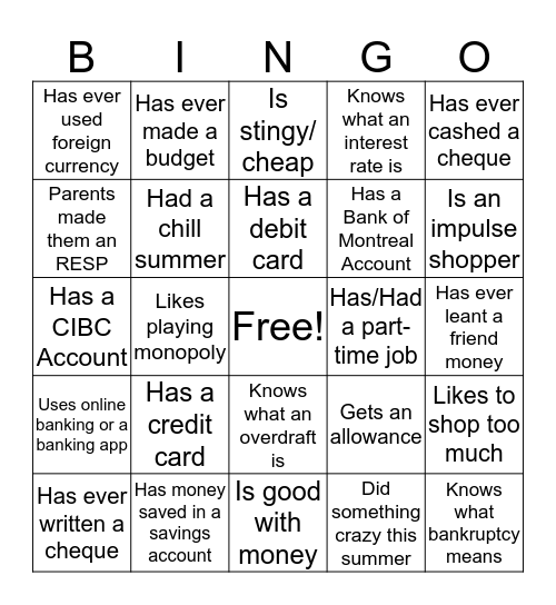 Banking Bingo Card