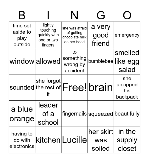 Junie B Jones vocabulary and review Bingo Card