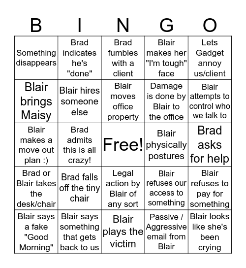 Survive Blair Bingo Card