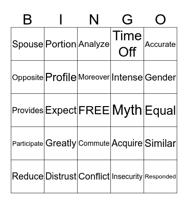 Vocabulary Words Bingo Card