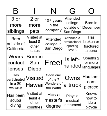 SDGE People Bingo Card