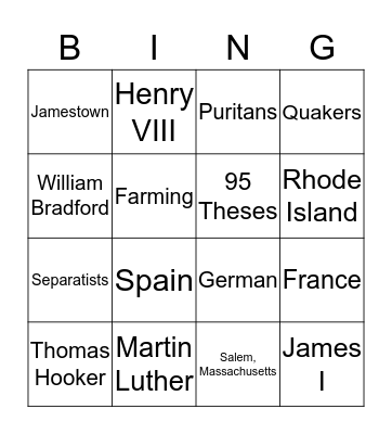 American History - Unit 2 Bingo Card