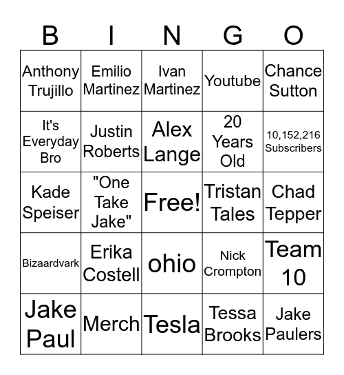Jake Paul Bingo Card