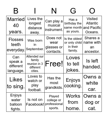 GREER FAMILY BINGO 2017 Bingo Card