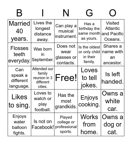 GREER FAMILY BINGO 2017 Bingo Card