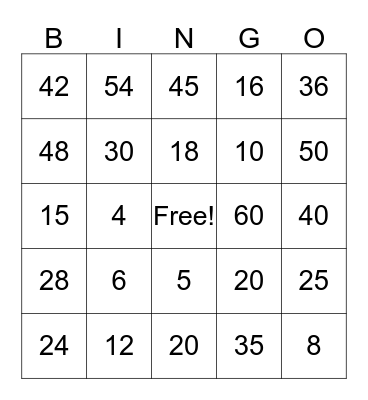 Times Table Bingo Card