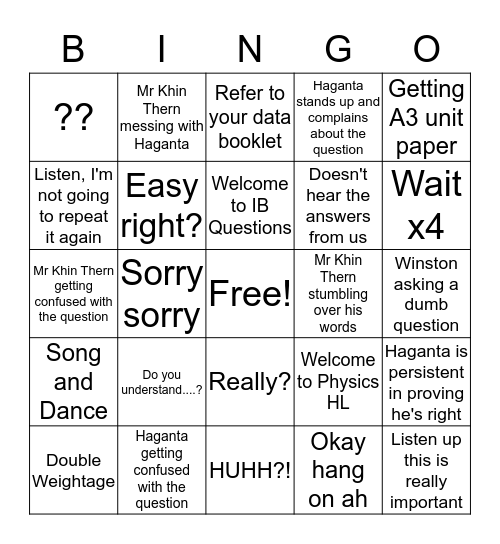 Physics HL BIngo Card