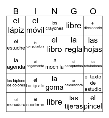 Los materiales escolares Bingo Card