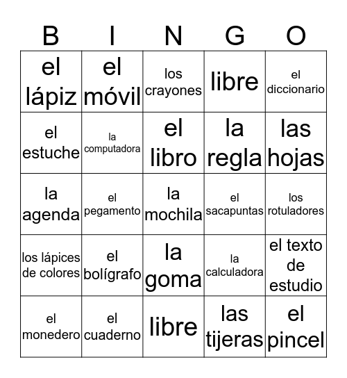 Los materiales escolares Bingo Card