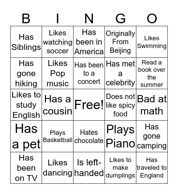 Class Introduction Bingo Card