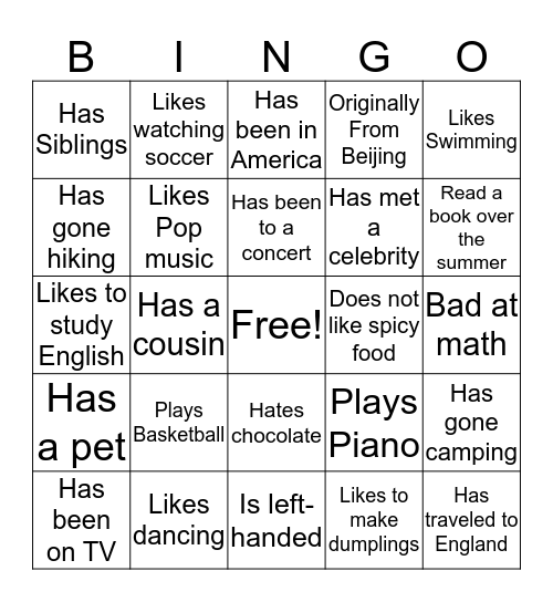 Class Introduction Bingo Card