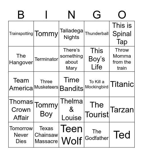 Movies beginning with ‘T’ Bingo Card