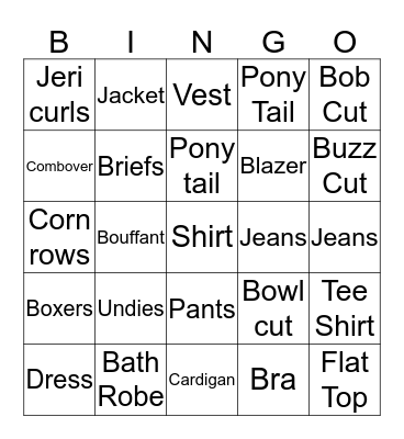 Clothes and Hair Bingo Card