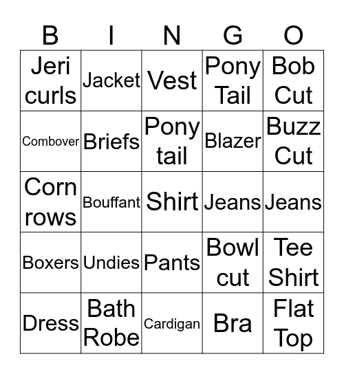 Clothes and Hair Bingo Card