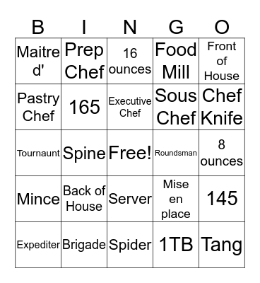 Culinary Introduction Vocab Bingo Card