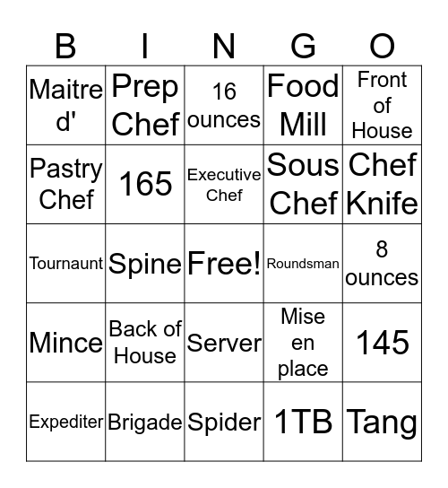 Culinary Introduction Vocab Bingo Card