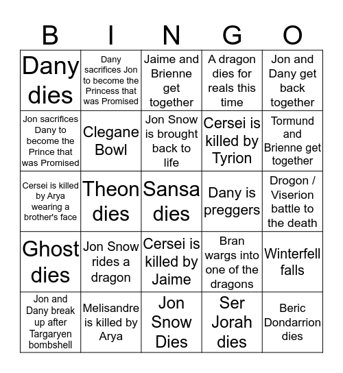 GoT Season 8 Bingo Card