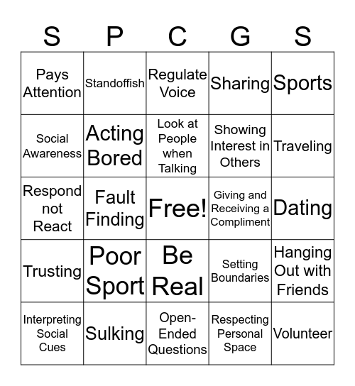 SOCIAL SKILLS BINGO FOR TEENS Bingo Card