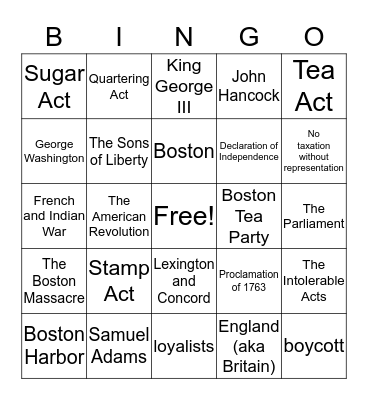 Causes of American Revolution Bingo Card