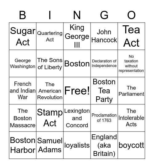Causes of American Revolution Bingo Card