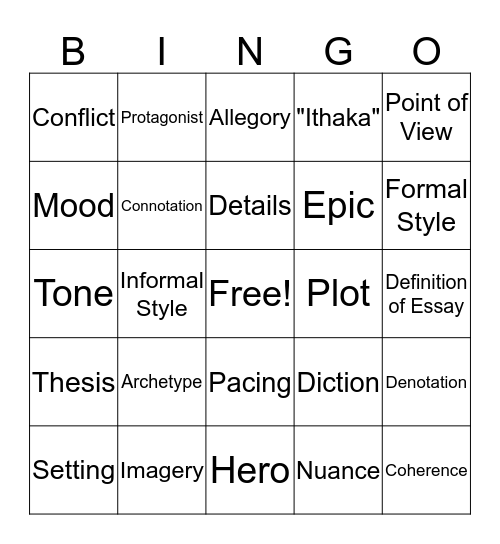 Hero Unit Vocabulary Bingo Card