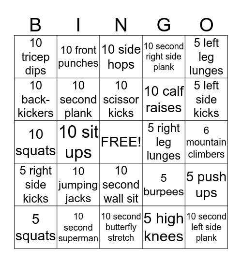 P.E. Bingo Card