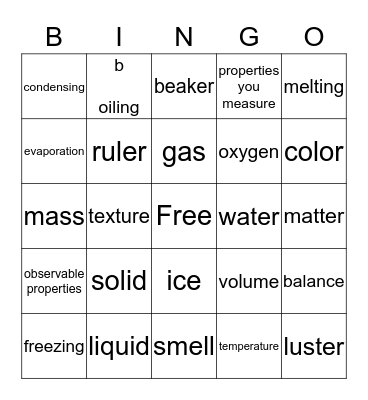 States of Matter Bingo Card