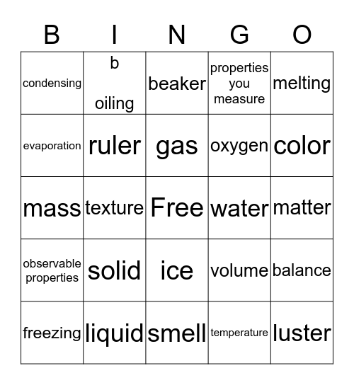 States of Matter Bingo Card