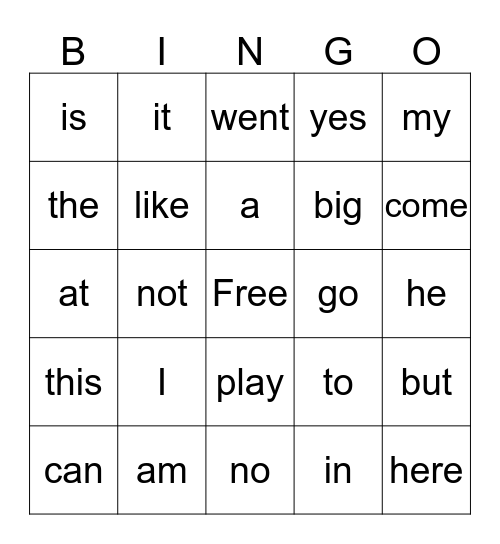 Kindergarten Sight Words (Set 1) Bingo Card