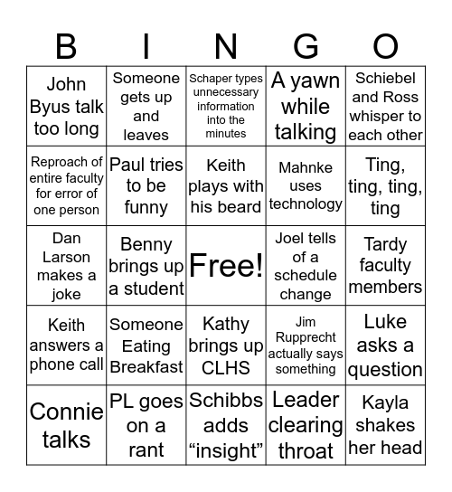 Faculty Bingo Card