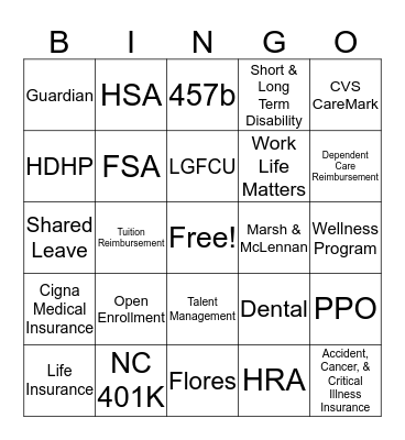 RDU Employee Benefits Fair Bingo Card