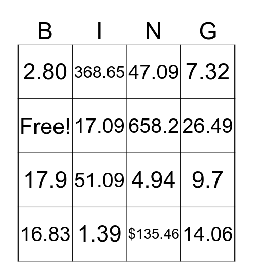 Decimal Addition BINGO  Bingo Card