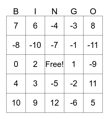 Integer Addition and Subtraction Bingo Card