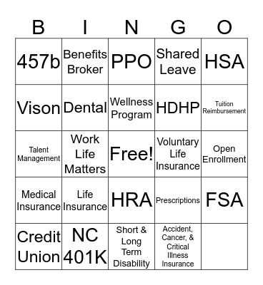 RDU Employee Benefits Fair Bingo Card