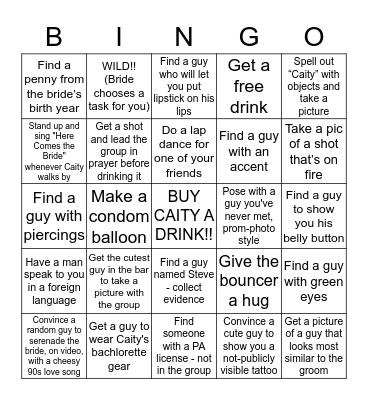 Bachelorette Bingo Card