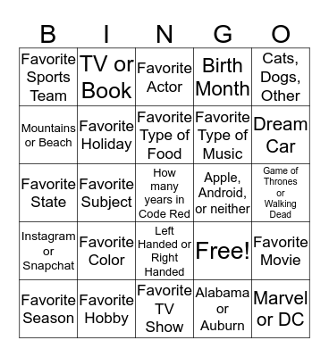 People Like Me Bingo Card